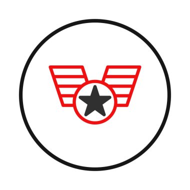 Görüntü dairesel bir rozet tasarımı gösteriyor. Önde gelen bir siyah yıldız kırmızı bir çemberin içindedir. Her birinin yatay çizgileri olan iki kırmızı kanatlı şekil her iki tarafa oturur. Bu tasarım bir duyu iletir