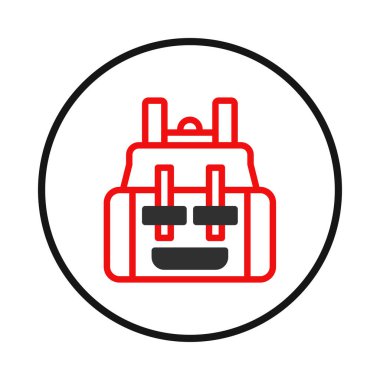 Minimalist bir grafik ambleminde beyaz arka planda siyah aksanlı bir sırt çantasının kırmızı ana hatları yer alır. Tasarım basit ama etkili, seyahat temalarını iletiyor,