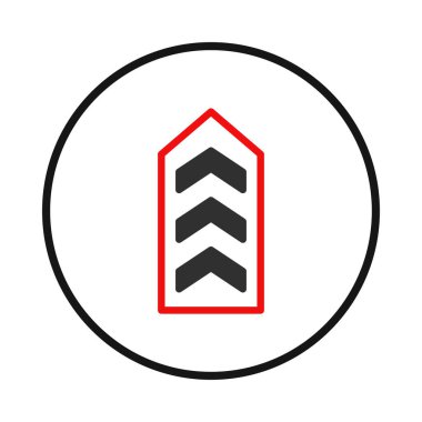 Grafik tasarımı, yukarı bakan, kırmızıyla çerçevelenmiş, beyaz zemin üzerine kurulmuş ve siyah daire şeklinde kaplanmış üç oklu bir simge şekli sunar. Amblem ilerlemeyi, hiyerarşiyi gösteriyor.,