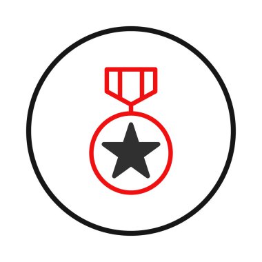 Bu grafik simgesi, yuvarlak kırmızı bir madalyanın içindeki siyah yıldız amblemini tasvir ederek başarıyı temsil ediyor. Onuru ve takdiri sembolize eder, başarının özünü yakalar, onu bir...
