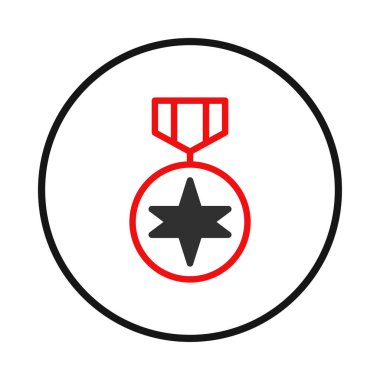 Kırmızı ve siyah, başarı ve onuru simgeleyen stilize edilmiş bir başarı madalyası ikonu. Tasarım, tanıma kavramlarını iletmek için ideal dairesel amblem içinde merkezi bir yıldıza sahiptir.,