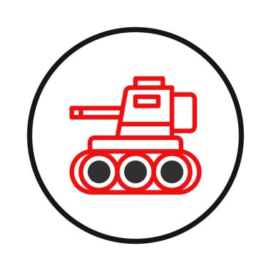 Tarzlı bir grafik tasarımı, askeri teknoloji, güç ve stratejik savunma temalarını vurgulayan koyu kırmızı ve siyah ana hatlı dairesel bir çerçeve içinde modern bir tank tasarımı sunar.