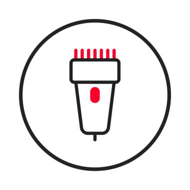 Görüntü, modern bir simge olarak sunulan kişisel bir tımar cihazının stilize bir illüstrasyonunu içermektedir. Cihazın kırmızı aksanı ve düz bir arkaplan ile zıtlaşan parlak bir çizgisi var.,