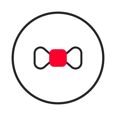 Zarif, minimalist bir tasarım, merkezinde belirgin kırmızı bir kare bulunan siyah bir düğüm veya papyon andıran merkezi bir forma sahiptir. Bu grafik dairesel bir sınırın içine gizlenmiş.