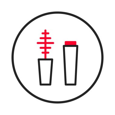 Aplikatör fırçası ve tüpü gösteren, dairesel çerçeve içinde kırmızı ve siyah aksanlı, kozmetik çizimler ve güzellik temalı tasarımlar için ideal rimel ambalajının minimalist grafiği
