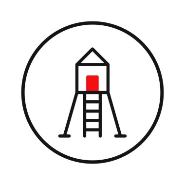 Bu minimalist ikon, güvenlik, koruma ve gözlem fikirlerini iletmek için tasarlanmış temiz çizgiler ve basit bir yapıya sahip bir çember içinde stilize edilmiş bir kurtarma kulesini tasvir ediyor. Temiz.