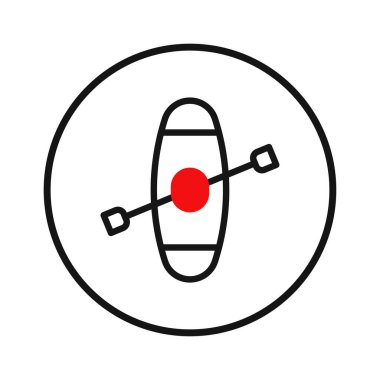 Bu resim, ince siyah bir çizgi ile çevrelenmiş temiz, minimalist bir kano ikonunu gösteriyor. Kırmızı bir nokta kanonun ortasında çapraz kürek ile kesişiyor, suyu temsil etmek için mükemmel.