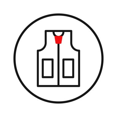 Vektör illüstrasyonu bir yelek simgesi ve minimalist bir tasarım sunar. Taslak biçimi ve çarpıcı renk aksanı onu giysi, güvenlik ve iş giysisi taşımak için çok yönlü bir grafik unsuru haline getirir