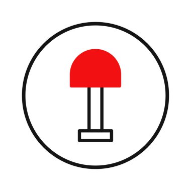 Bir minimalist grafik, siyah çizgileri olan bir tabana bağlı kırmızı mantar şeklini içerir, hepsi beyaz bir arkaplana karşı siyah bir çember içinde çevrilidir. Modern, soyut bir tasarım öneriyor.