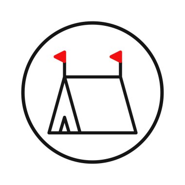 Üzerinde küçük kırmızı bayraklar olan bir çadırın aerodinamik ve minimalist bir çizimi, bir dairenin içinde. Bu grafik, kamp ve açık havayı temsil etmek için temiz ve çağdaş bir görüntü sunuyor.