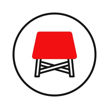 Geometrik tasarımı olan parlak kırmızı bir tabureye sahip biçimlendirilmiş bir ikon, koyu siyah bir daire şeklinde kaplanmış temiz beyaz bir arkaplan üzerine kurulmuş. Bu minimalist illüstrasyon görsel bir cazibe yaratıyor.