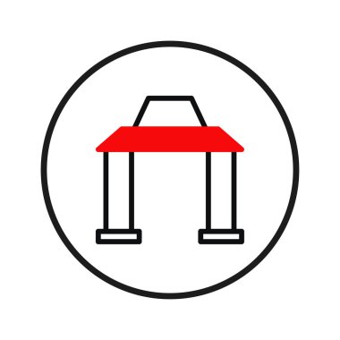 Bu minimalist vektör çizimi, koyu kırmızı ve siyah çizgilerle yapılmış stilize edilmiş bir portal veya geçit tasvir eder. Tasarım, temiz ve modern bir sembol oluşturarak geometrik basitliğe odaklanır.