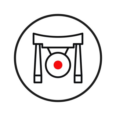 Çember içindeki gongun minimalist çizimi sükuneti, meditasyonu ve doğu kültürlerini sembolize ediyor. Temiz çizgiler, kırmızı nokta ve dengeli kompozisyon barış duygusuna katkıda bulunur.