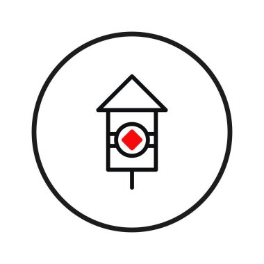 Temiz bir vektör illüstrasyonu siyah dairesel bir kenar içinde basitleştirilmiş bir fener simgesi sunar. Bu minimalist tasarım, geometrik çizgileri ve kırmızı noktayı kullanarak...