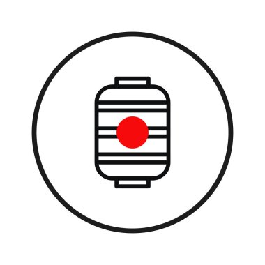 Dairesel bir sınırın içine gizlenmiş, merkezi kırmızı bir noktayla işaretlenmiş bir Japon fenerinin basitleştirilmiş grafik çizimi. Tasarım, kültürel motifleri minimalist sanatsal tekniklerle dengeler.,