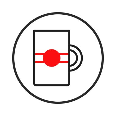 Çarpıcı bir kırmızı daire çizgili tasarım unsurunun yer aldığı bir fincanın temiz ve minimalist grafik çizimi. Markalaşma veya sembol için idealdir, basitlik ve modernlik taşır.
