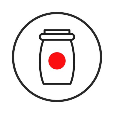 Çemberin içinde bulunan temiz, minimalist bir kavanoz çizimi çarpıcı kırmızı bir noktayla sunuluyor. Bu modern tasarım markalaşma, paketleme ya da görsel iletişim için mükemmeldir.