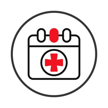 Kırmızı tıbbi haç sembolüyle kaplanmış bir takvim ikonu tasvir eden modern, temiz bir illüstrasyon. Görüntü minimalist, sağlık hizmetleri randevuları, programlama ve hatırlatıcılar öneriyor. İdeal