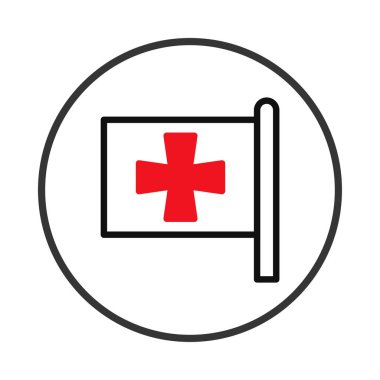 Bu resimde küresel sağlık hizmetleri, acil yardım ve tıbbi desteği sembolize eden bir amblem, bir kırmızı haç bayrağı sergilenmektedir. Yardım, güvenlik gibi kavramları etkili bir şekilde iletir.,