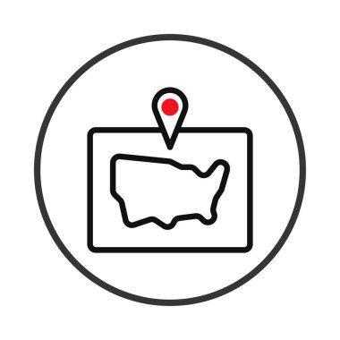 Amerika Birleşik Devletleri 'ni temsil eden stilize edilmiş bir ikon, belirgin bir nokta işaretleyici ile basitleştirilmiş bir harita taslağı içeriyor. Tasarım temiz ve çeşitli uygulamalarda kullanılmak için uygundur.