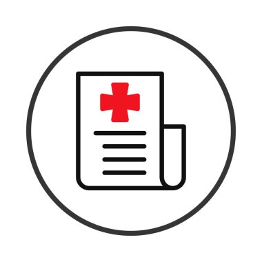 Asgari illüstrasyon, sağlık hizmetlerini sembolize eden belirgin bir kırmızı haç içeren tıbbi bir rapor gösteriyor. Dairesel çerçevede özetlenen rapor tıbbi belgeler, istişareler veya