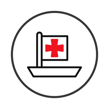 Net bir grafik çizimi, bir dairenin içinde kırmızı bir haç ve beyaz bir arkaplan olan bir tıbbi bayrağın siyah ana hatlarını içerir. Bu görüntü sağlık hizmetlerini iletmek için kullanılabilir.