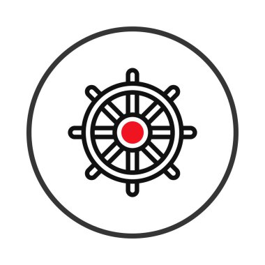 Bir geminin miğferinin minimalist tasviri, dairesel bir çerçeveye sahip temiz bir grafik tarzında yapılmış. Çarpıcı kırmızı merkez tasarımı vurguluyor, navigasyon ve kontrolü sembolize ediyor, ideal