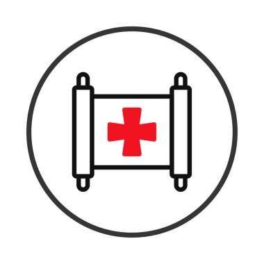 Merkezinde tıbbi bilgi veya belgeleri sembolize eden cesur bir kırmızı haç bulunan parşömen parşömeni içeren stilize bir illüstrasyon. Dairesel siyah bir kenar ile kaplandığında, tasarım taşınır