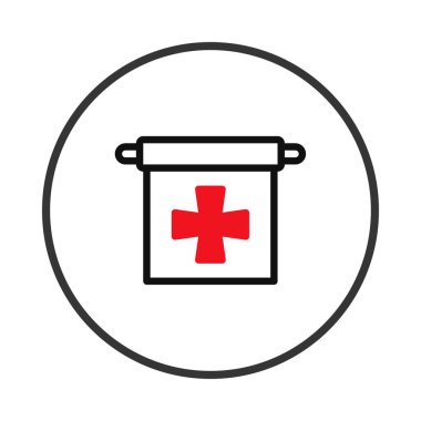 Sağlık, güvenlik ve ilk yardımı temsil eden, çizilmiş bir çerçevenin içinde kırmızı haç bulunan tıbbi bir sembolü tasvir eden bir çizim. Tasarım bir acil bakım duygusu taşır.,