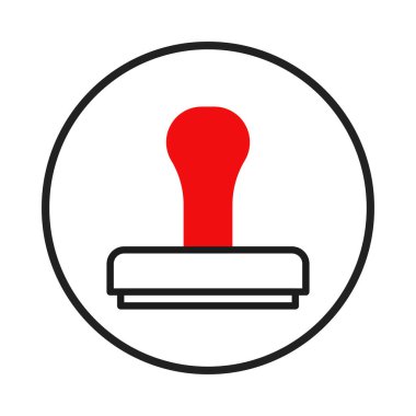 Siyah beyaz çemberin içindeki kırmızı pul ikonunun minimalist bir çizimi. Yetkili kalitenin belirtilmesi için uygun olan resmi onay, belge onayı ve iş doğrulamasını sembolize eder