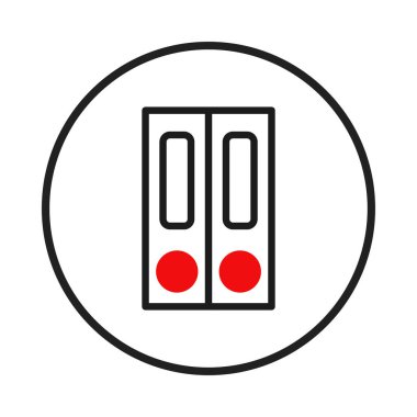 İzole edilmiş bir minimalist ikon dairesel bir sınır içinde stilize bir kapı aralığına sahiptir. Kapı girişi, temiz, geometrik çizgiler ve iki belirgin kırmızı daire ile gösterilir.