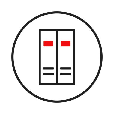 Basitleştirilmiş bir grafik, simetrik kapılarla tasarlanmış, kırmızı, somutlaştırıcı organizasyon ve düzgünlükle özdeşleştirilmiş bir depolama ikonu içerir. Bir daire içinde kapsüllenmiş, bu temiz, düz tasvir