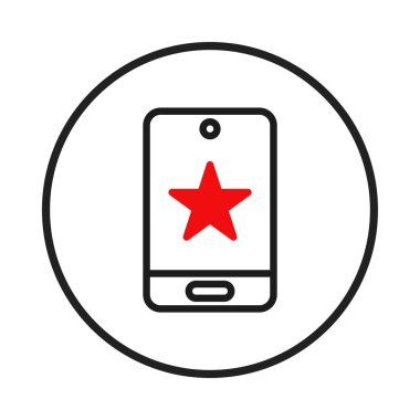 Bu resim, merkezinde canlı kırmızı bir yıldızın yer aldığı, mükemmel uygulama reytinglerini ve pozitif kullanıcı geribildirimini sembolize eden modern bir akıllı telefon ikonunu tasvir ediyor. Bu tasarım dijital bir hissi çağrıştırıyor.