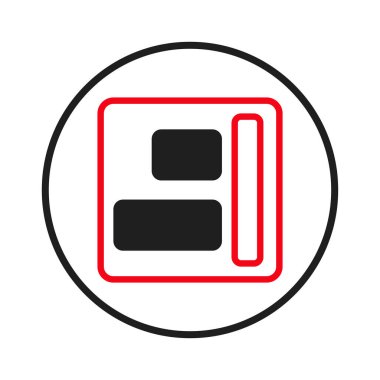 Minimalist bir tasarım, dairesel bir çerçevenin içine gizlenmiş soyut bir tasarım sergiliyor. Dikdörtgenli koyu kırmızı çizgili kare, siyah bloklar modern ve