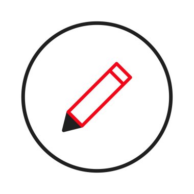 Siyah bir çizgiyle çevrili kırmızı kalem hatlı bir ikon. Bu grafik sembol düzenleme, yazma ve yaratmayı temsil ediyor. Kullanıcı arayüzü tasarımları, web uygulamaları ve dijital için ideal