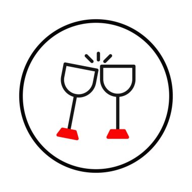 Minimalist bir illüstrasyonda, dairesel bir çerçevede iki stilize şarap kadehinin birbirine tokuşturulması anlatılıyor. Temiz çizgiler ve kırmızı aksanlar kutlama ve sosyal bir toplanma hissi veriyor.