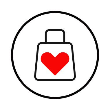 Basit, minimalist bir illüstrasyon, üzerinde kırmızı kalp sembolü olan bir alışveriş çantası tasvir ediyor. Bu görüntü aşkı, fedakarlığı ve ticari faaliyeti çağrıştırıyor. Tasarım temiz ve uygun.