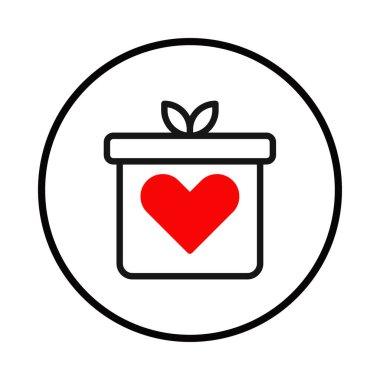 İçinde kalp sembolü ve küçük bir filiz bulunan hediye kutusu olan basit ve görsel olarak çekici bir ikon. Tasarım, sevgi, özen ve içten bir hediyeyi temsil eden bir çemberin içinde.