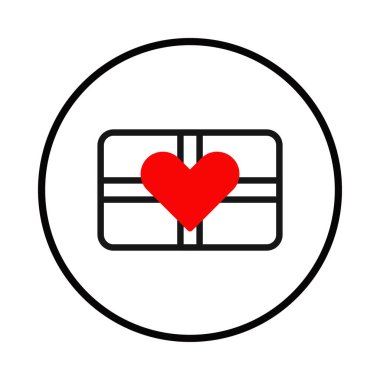 Bir minimalist grafik, canlı kırmızı bir kalple süslenmiş bir hediye tasvir eder. Bu simge dairesel bir çerçeve içinde kapsülleştirilmiş, sevgi, takdir ve vermenin sevincini sembolize ediyor. Öyle.