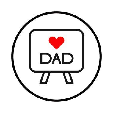 Minimalist bir grafik, üzerinde kırmızı bir kalp olan 'DAD' sözcüğünün yer aldığı dairesel bir çerçeve içinde beyaz tahta bir sehpa sunar. Bu temiz tasarım aşkı, sevgiyi ve kutlamaları çağrıştırıyor.