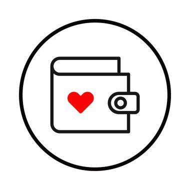 Bir kalp ile süslenmiş stil bir cüzdan ikonu, maddi meselelere düşkünlüğü temsil eden, güvenli finansal uygulamaları işaret eden, ve duyarlı finansal planlama ve varlık