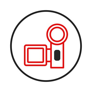 Beyaz arkaplanda koyu dairesel bir kenar içinde sadeleştirilmiş bir kamera anahatını gösteren bir simge. Kırmızı çizgiler cihazın biçimini oluşturuyor, medya ve iletişim teknolojisini temsil ediyor.