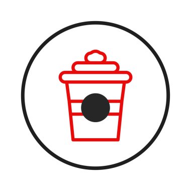 Minimalist bir kahve içeceği ikonu. Temiz beyaz zemine karşı koyu kırmızı çizgiler çiziyor. Basit bir tasarım modern bir cazibe hissi taşır ve bir paket servisin temel unsurlarına odaklanır.