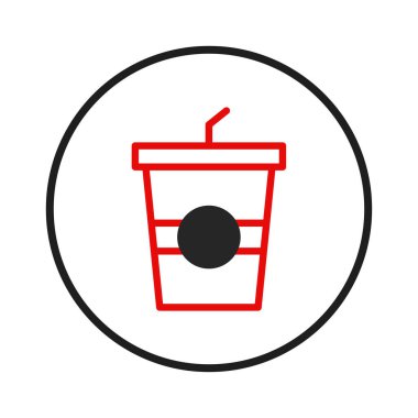 Çemberdeki bir içecek bardağının stilize edilmiş görüntüsü modern, minimalist bir tasarım sunuyor. Siyah bir daire tarafından vurgulanmış, pipetle çizilmiş kırmızı bardak basitliği vurguluyor. Bu simge markalar için mükemmeldir