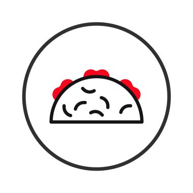 Bu minimalist illüstrasyon, canlı kırmızı soslu bir taco ikonunu tasvir ediyor. Tasarım, restoran menüleri, yemek blogları veya grafikleri için uygun hale getirerek dairesel bir çerçeve ve temiz taslaklar barındırıyor.