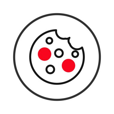 Bir kurabiye ikonunun minimalist tasviri, eksik bir ısırıkla stilize edilmiş, dairesel bir çerçevede duruyor. Kırmızı ve beyaz daireler basit tasarıma detay ekleyen çip aksanlarını temsil eder. Görüntü