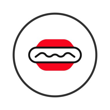 Dairesel çerçevede bir sosislinin temiz ve çağdaş tasviri. Bu stil çizimi, menüler, uygulamalar veya uygulamalar için uygun basit ama cesur bir gıda sembolü yaratmak için kırmızı ve siyah çizgiler kullanır.