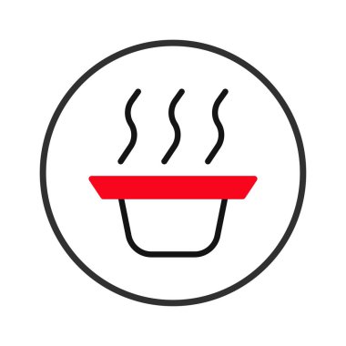 Bir illüstrasyon sıcak bir kâsenin, muhtemelen çorbanın, dumanı tüten spirallerin basit ve modern bir tasvirini sunar. Kase siyah bir çemberin içinde kırmızı bir üst ve siyah çizgiler oluşturur.