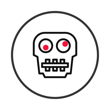 Çarpıcı kırmızı gözleri olan siyah bir kafatası simgesi. Minimalist tasarım dairesel bir rozetle çevrilidir. Bu stil tasviri ölümlülük duygusunu çağrıştırıyor.