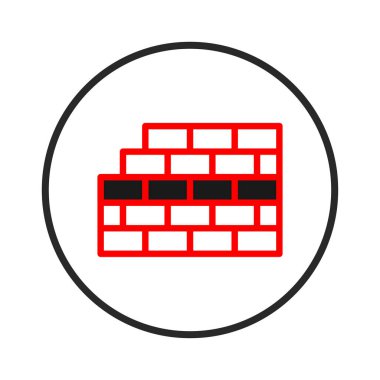 Biçimlendirilmiş kırmızı çizgili tuğla duvar simgesi siyah dairesel bir sınırın içine yerleştirilmiş sağlam bir bina temelini gösteriyor. Mimari tasarımları, gücü, dayanıklılığı ve istikrarlı yapıyı temsil eden